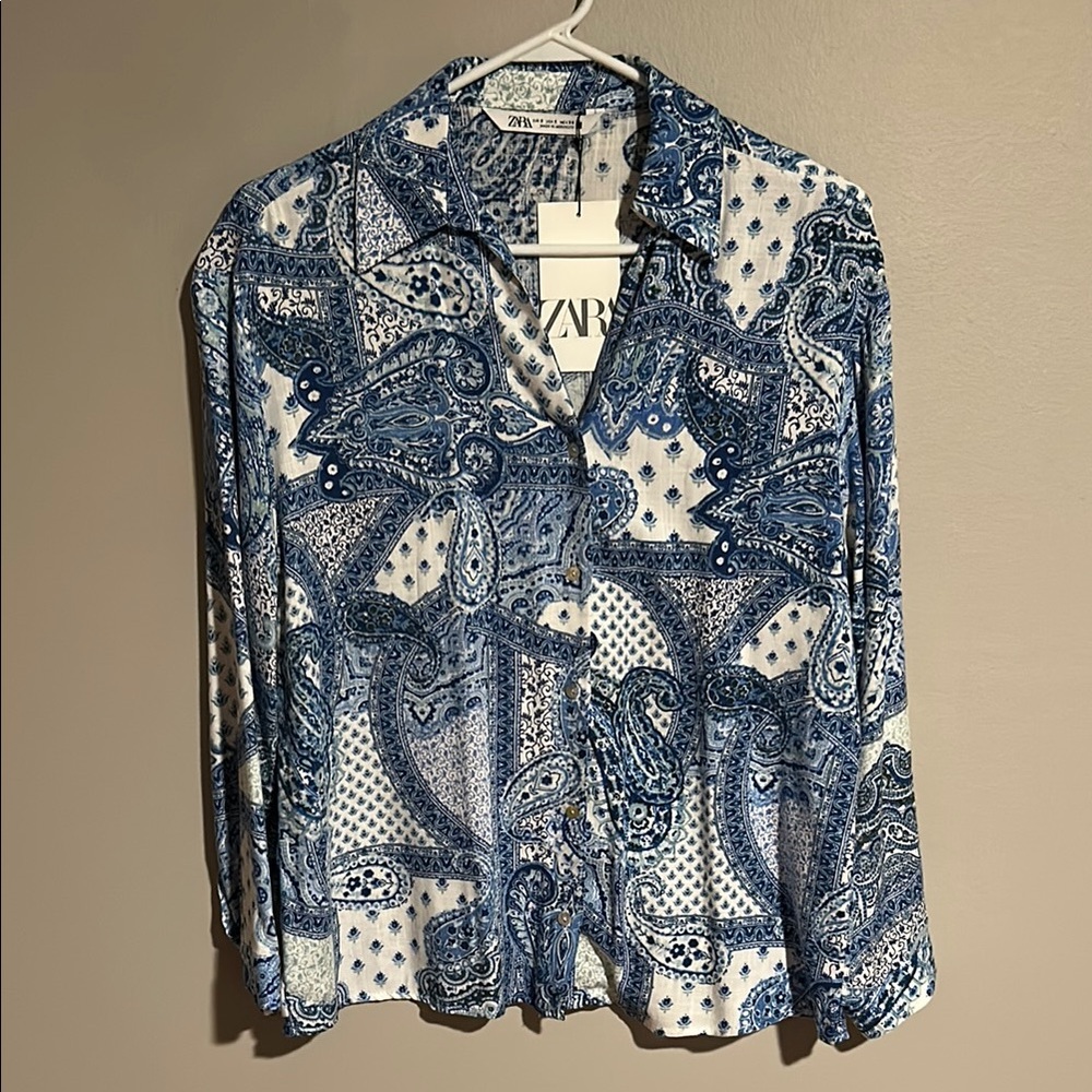 Zara Blue and White Paisley Blouse